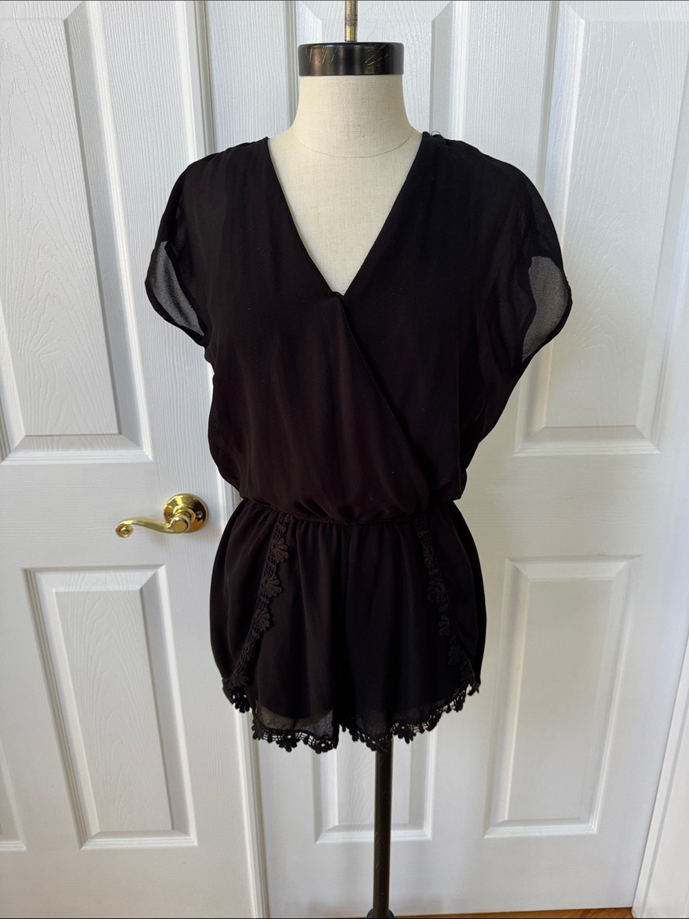 Poetry Black Short-Sleeve V-Neck Lace-Trim Romper